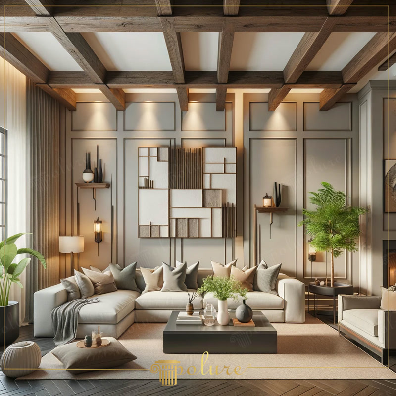 Plafon casetat cu grinzi din poliuretan aspect lemn rustic si panouri decorative intr-un living modern