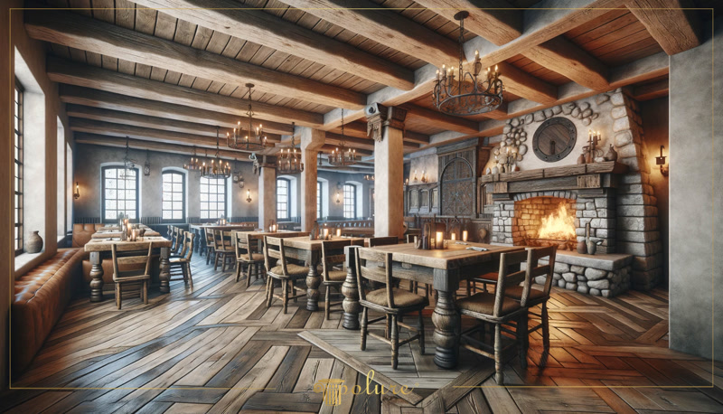 Tavan rustic decorat cu grinzi din poliuretan P1981 cu aspect de lemn într-un salon spațios cu șemineu.