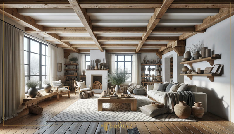 Tavan decorat cu grinzi din poliuretan stil rustic și grinzi aparente de lemn într-un living luminos cu șemineu.