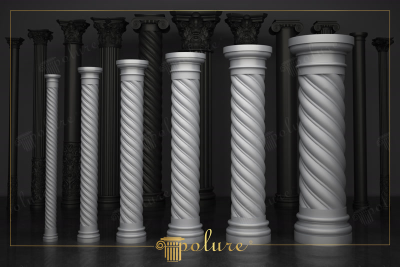 Coloane decorative din poliuretan cu caneluri răsucite și profiluri clasice expuse pe fundal neutru.
