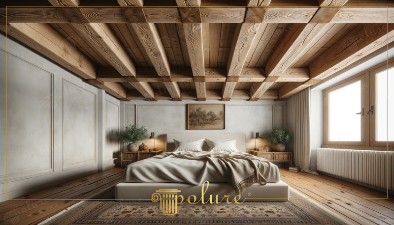 Plafon casetat cu grinzi din poliuretan aspect lemn rustic în dormitor luminos cu perete decorativ