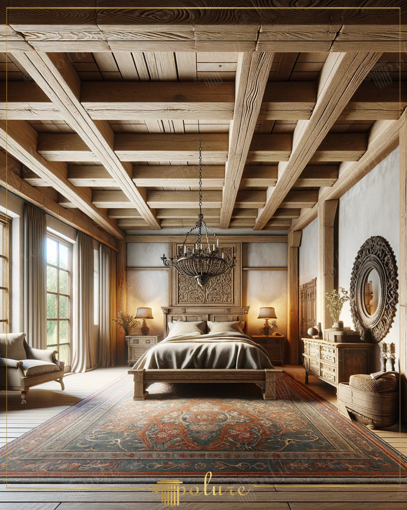 Tavan decorativ din grinzi de poliuretan în caroiaj rustic pentru dormitor elegant