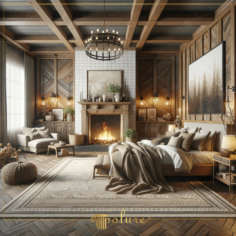 Dormitor rustic cu tavan casetat din grinzi de poliuretan, șemineu decorativ încadrat și mobilier din lemn natur