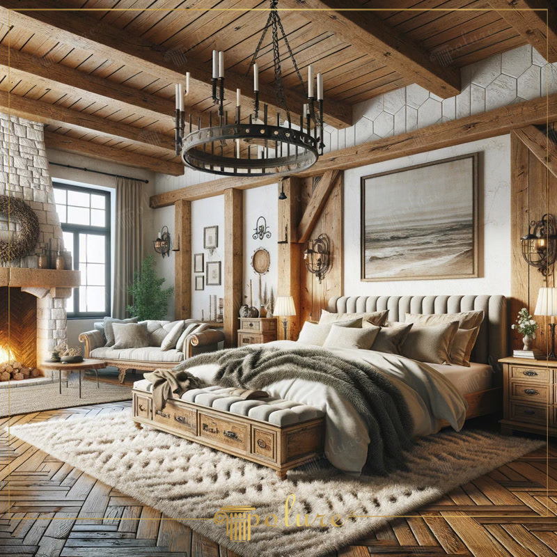 Design dormitor rustic cu grinzi poliuretan decorative pe tavan și structură din lemn pentru renovări interioare