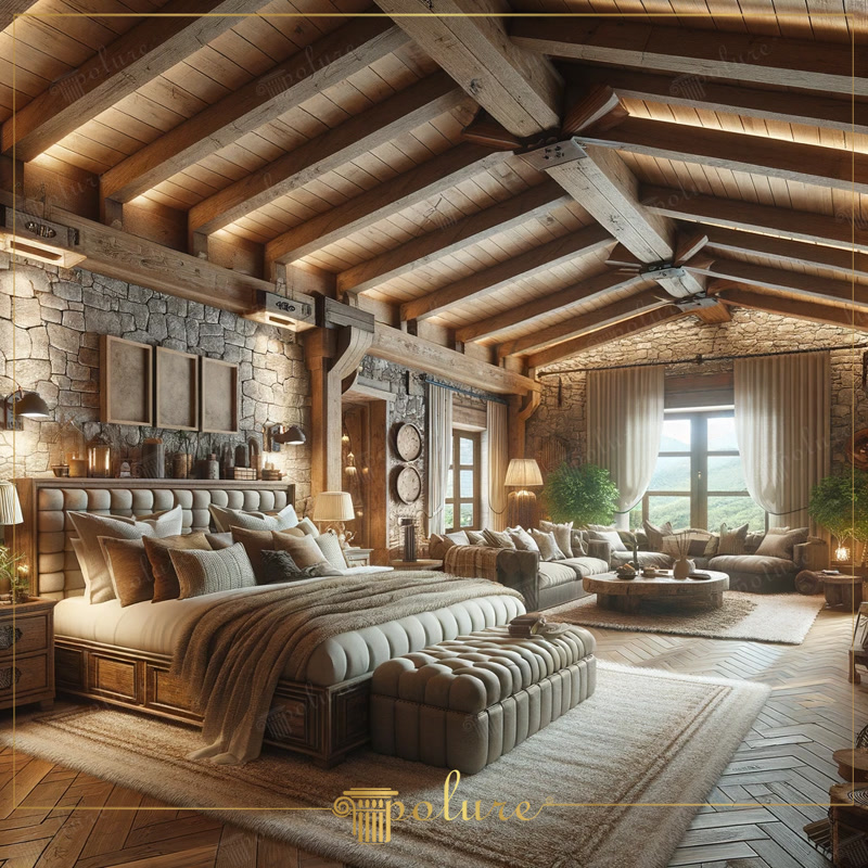 Dormitor rustic amenajat cu grinzi decorative din poliuretan pe tavan mansardat și perete din piatră