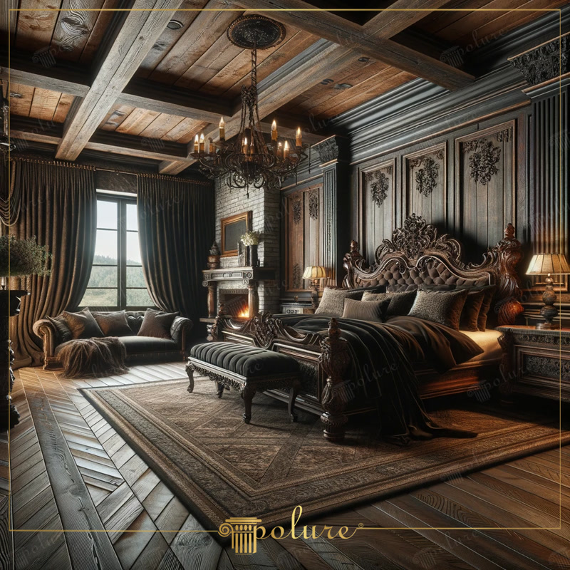 Dormitor rustic de lux cu tavan casetat din grinzi decorative din poliuretan și pat masiv sculptat