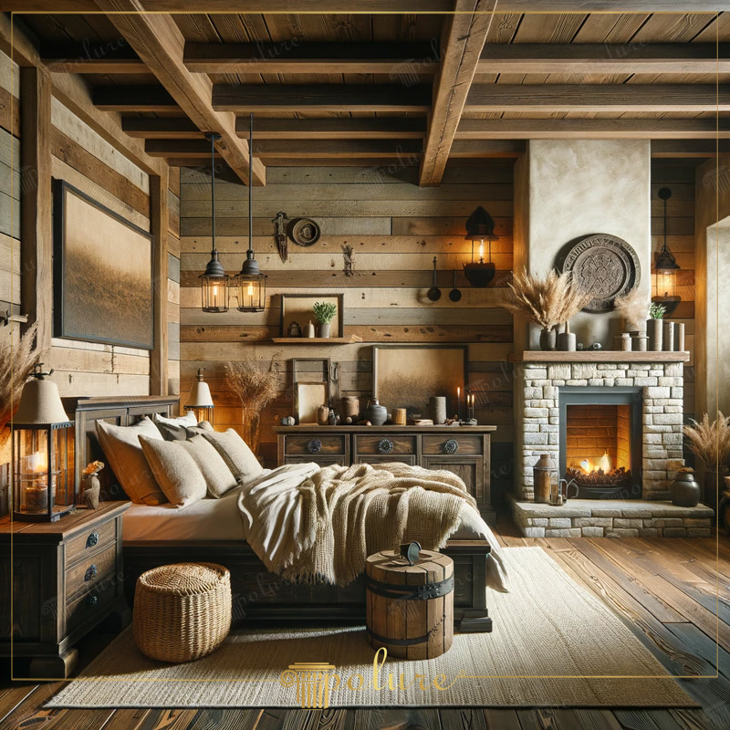 Dormitor rustic cu grinzi poliuretan pe tavan, șemineu din piatră și decorațiuni din lemn natur Decorativex