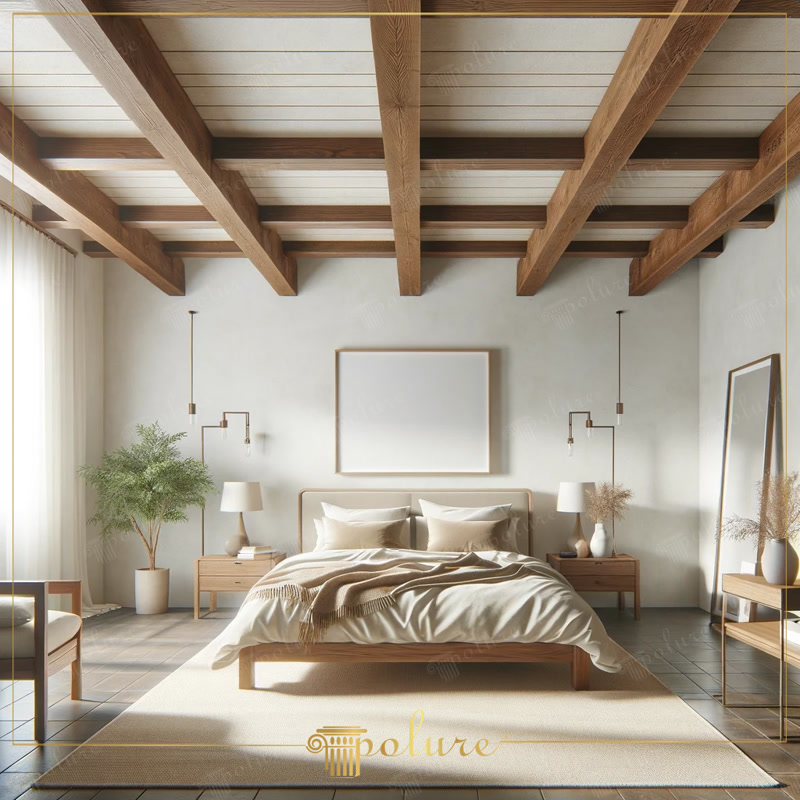 Dormitor rustic modern cu grinzi decorative din poliuretan P1981 montate pe tavan alb cu lambriu.