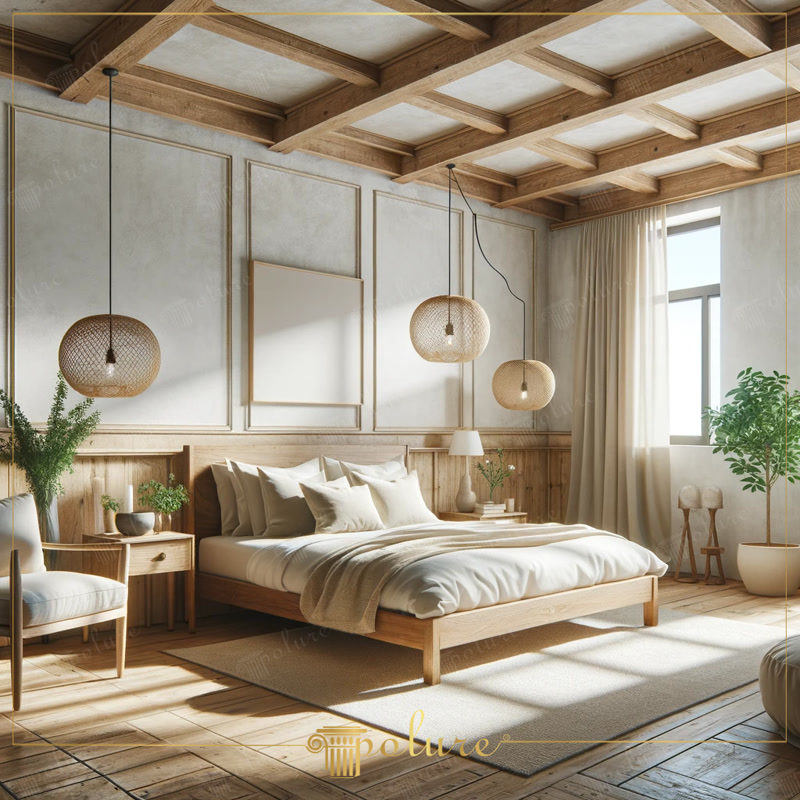 Dormitor rustic cu grinzi decorative din poliuretan pe tavan casetat, perete cu profile si mobilier din lemn cald