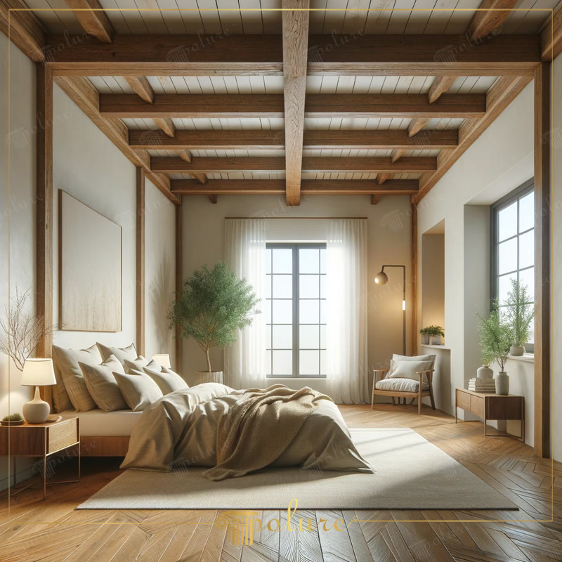 Tavan decorat cu grinzi din poliuretan stil rustic P1981 într-un dormitor luminos cu parchet herringbone.
