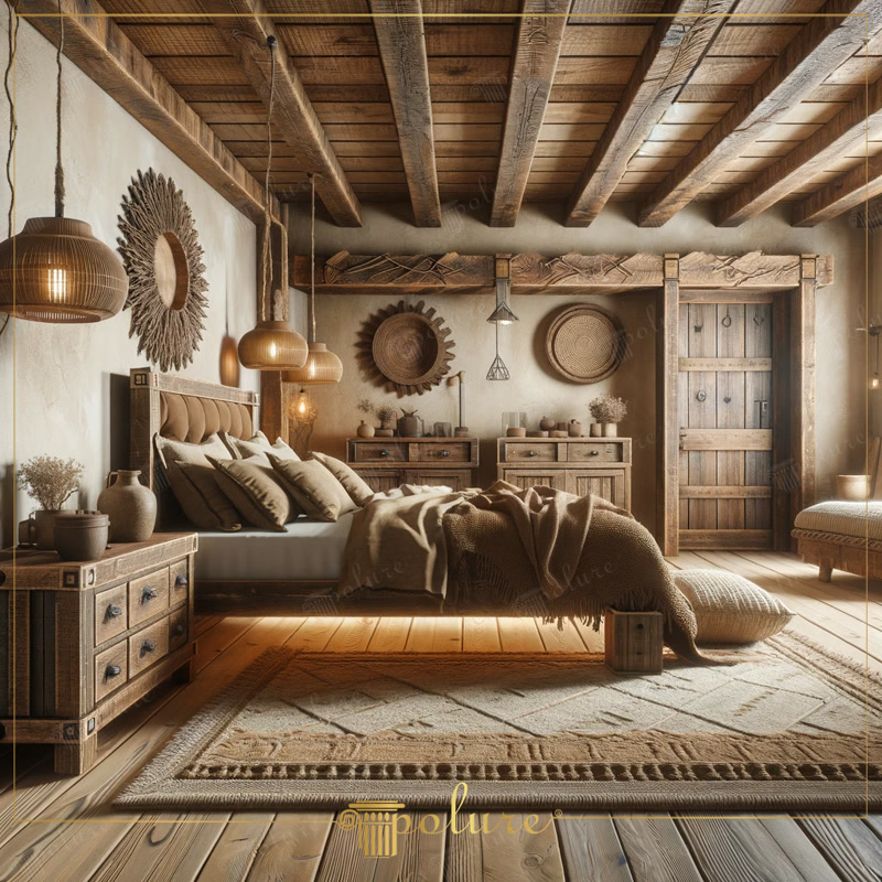 Dormitor rustic cu tavan decorat cu bârne din poliuretan și iluminat LED integrat sub patul din lemn.