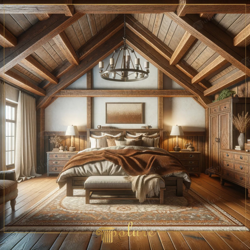 Dormitor rustic la mansardă decorat cu grinzi din poliuretan pe tavan în două ape și mobilier din lemn.