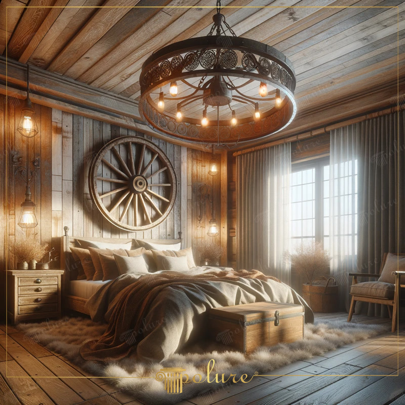 Dormitor rustic cu tavan din grinzi din poliuretan P1981, roată decorativă din lemn și iluminat cald