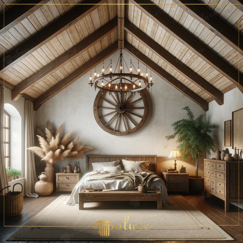 Tavan mansardat amenajat cu grinzi decorative din poliuretan P1981 și lustră rustică în dormitor elegant.