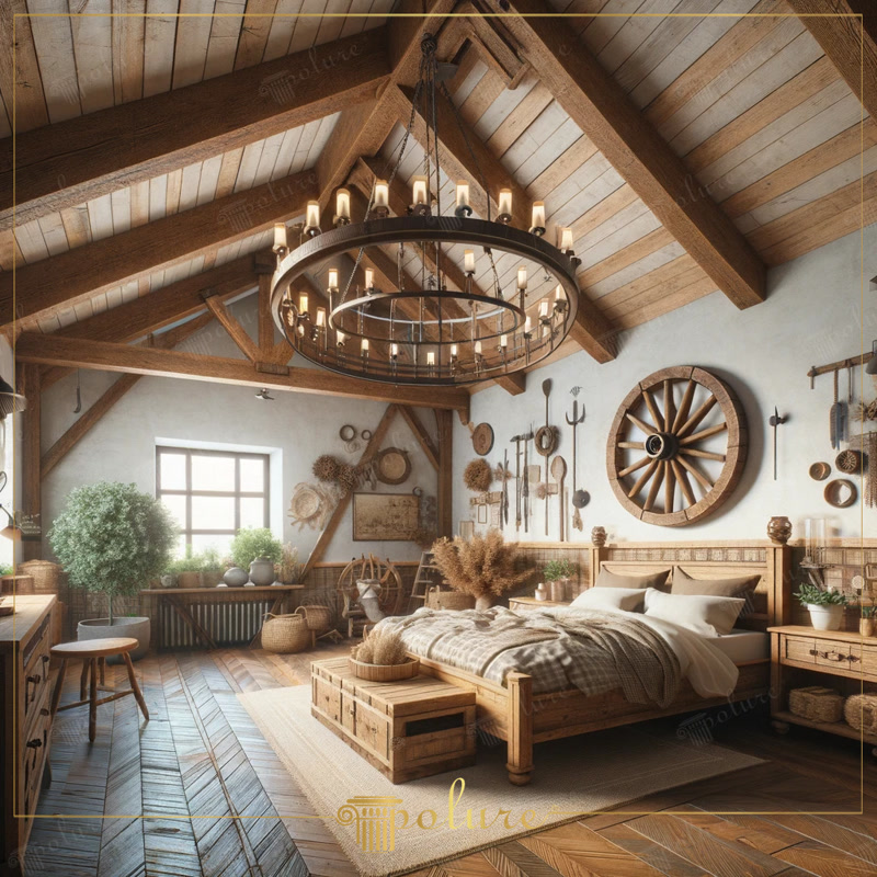 Tavan mansardă decorat cu grinzi din poliuretan P1981 în stil rustic, iluminat de un candelabru mare din lemn.