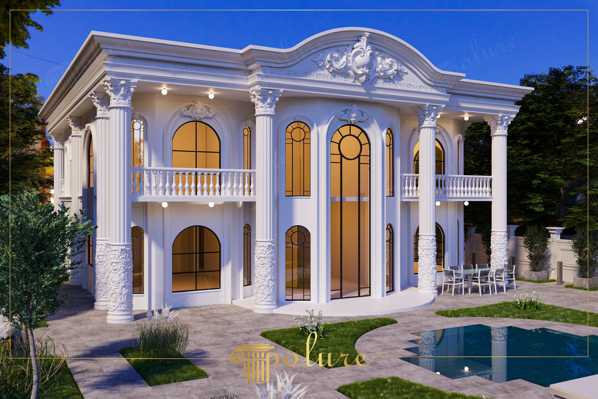 Fațadă albă de vilă clasică decorată cu coloane, ancadramente de ferestre și balustrade din poliuretan.