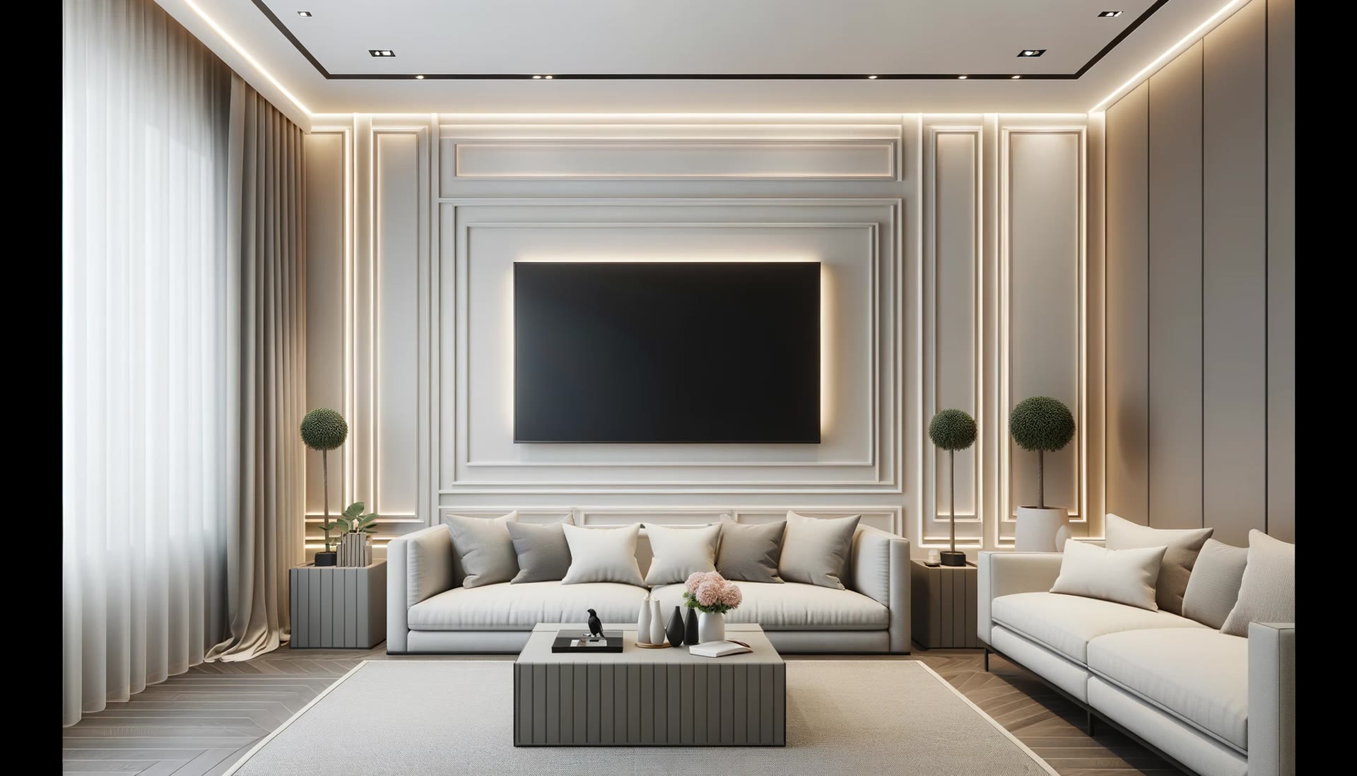 Perete decorativ cu baghete din poliuretan simetrice și iluminare LED integrată într-un living modern.