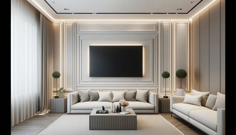 Perete decorativ cu baghete din poliuretan simetrice și iluminare LED integrată într-un living modern.