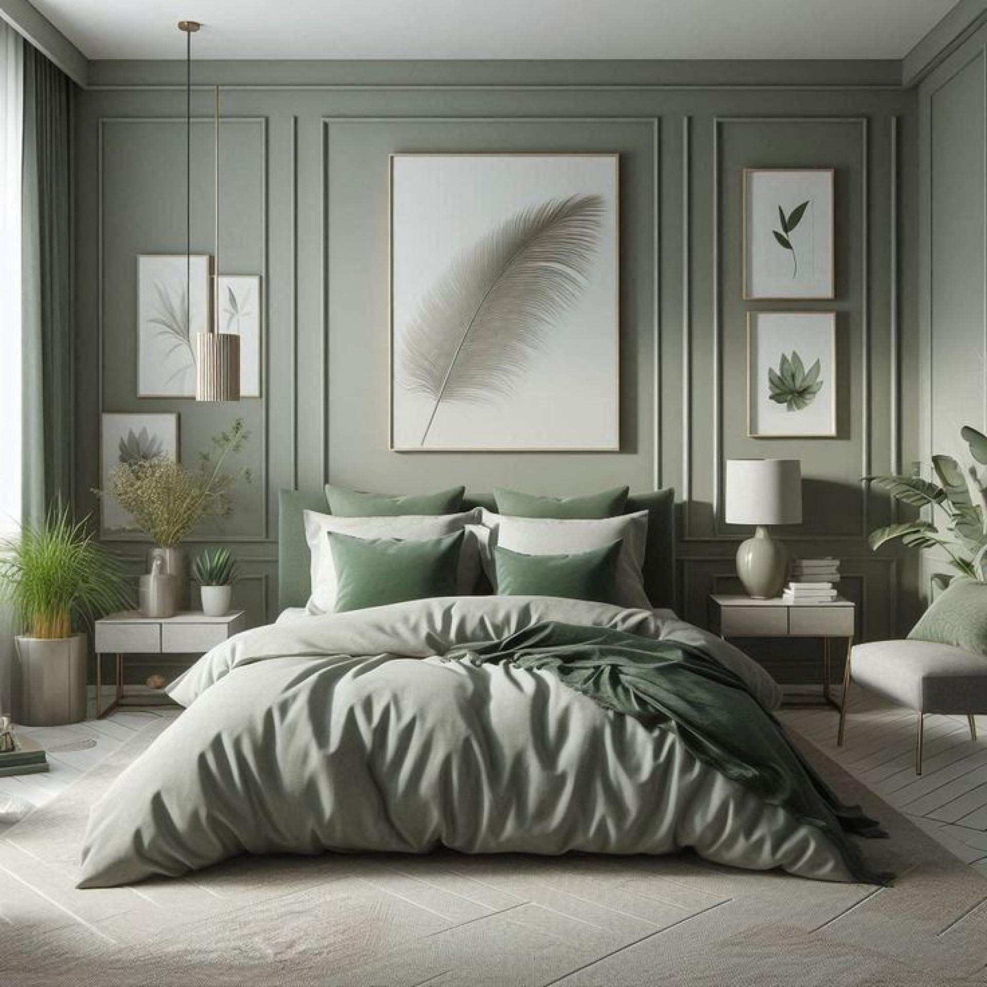 Perete decorat cu profiluri din poliuretan în dormitor verde modern cu tăblie și tabouri decorative