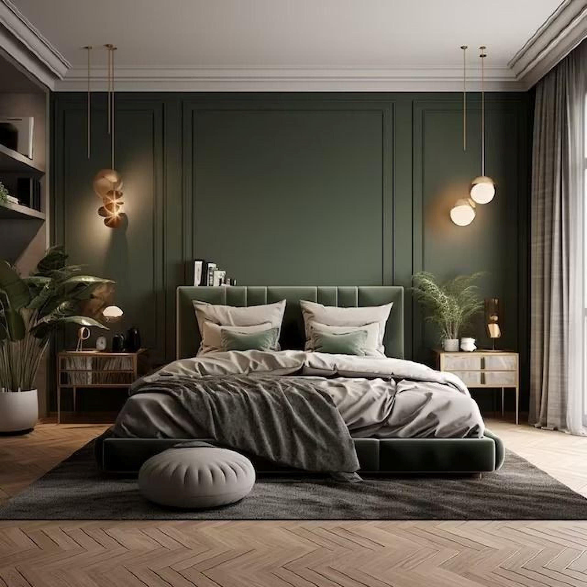 Dormitor modern cu perete verde decorat cu profile din poliuretan, benzi decorative și iluminat suspendat cald.