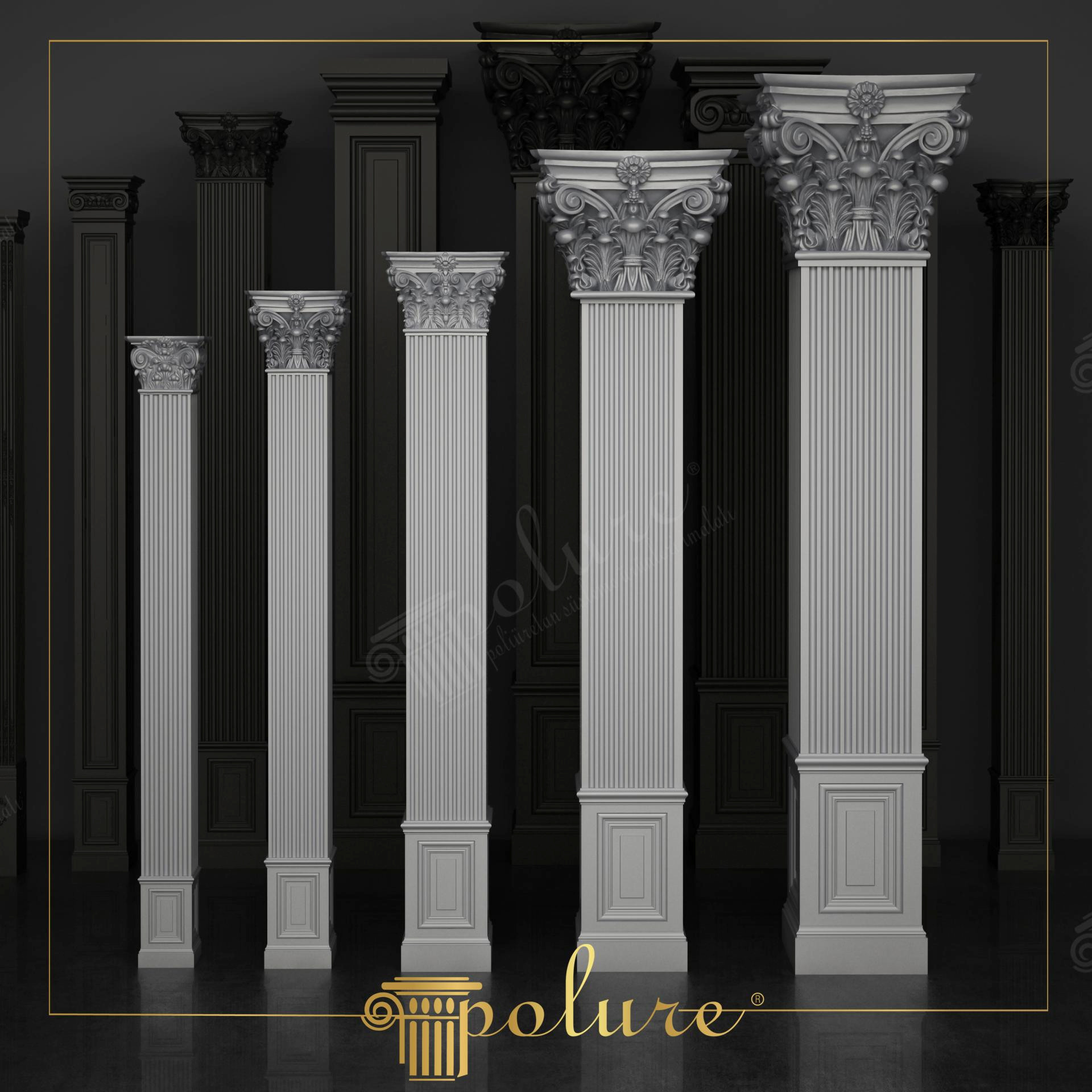 Cinci modele de pilatri din poliuretan de dimensiuni diferite cu fus canelat si capital decorativ corintic.