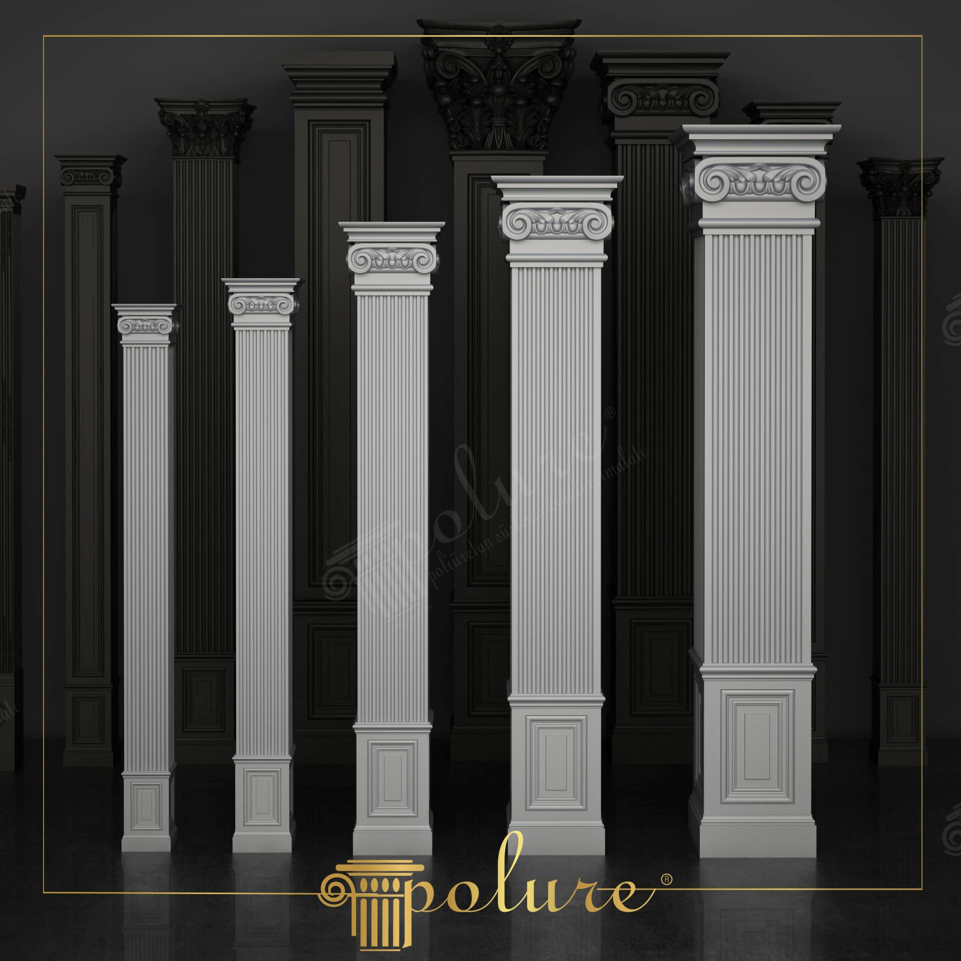 Pilastri decorativi albi din poliuretan cu caneluri verticale și capiteluri ionice pe fundal gri închis.