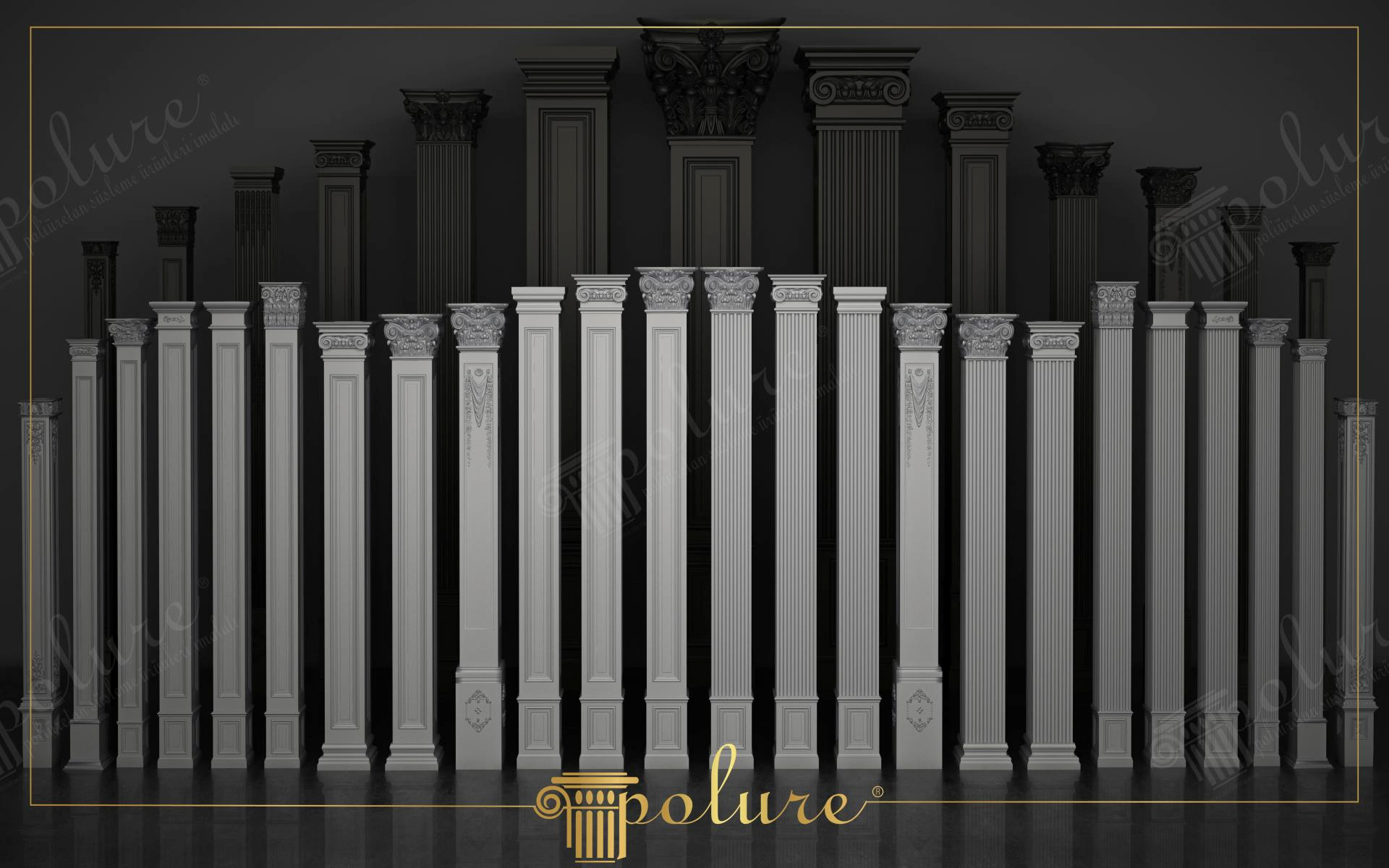 Colecție de pilaștri decorativi din poliuretan alb cu detaliu de capitul ionic și corintic pe fundal închis.