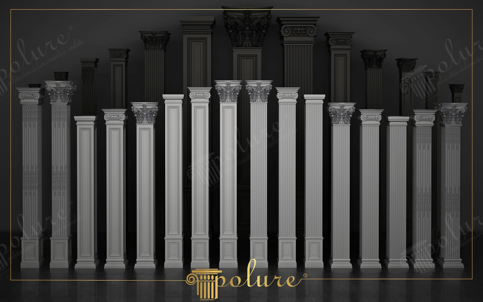 Colecție de pilastri și capiteluri din poliuretan gri pe fundal închis pentru decorarea fațadelor clasice.