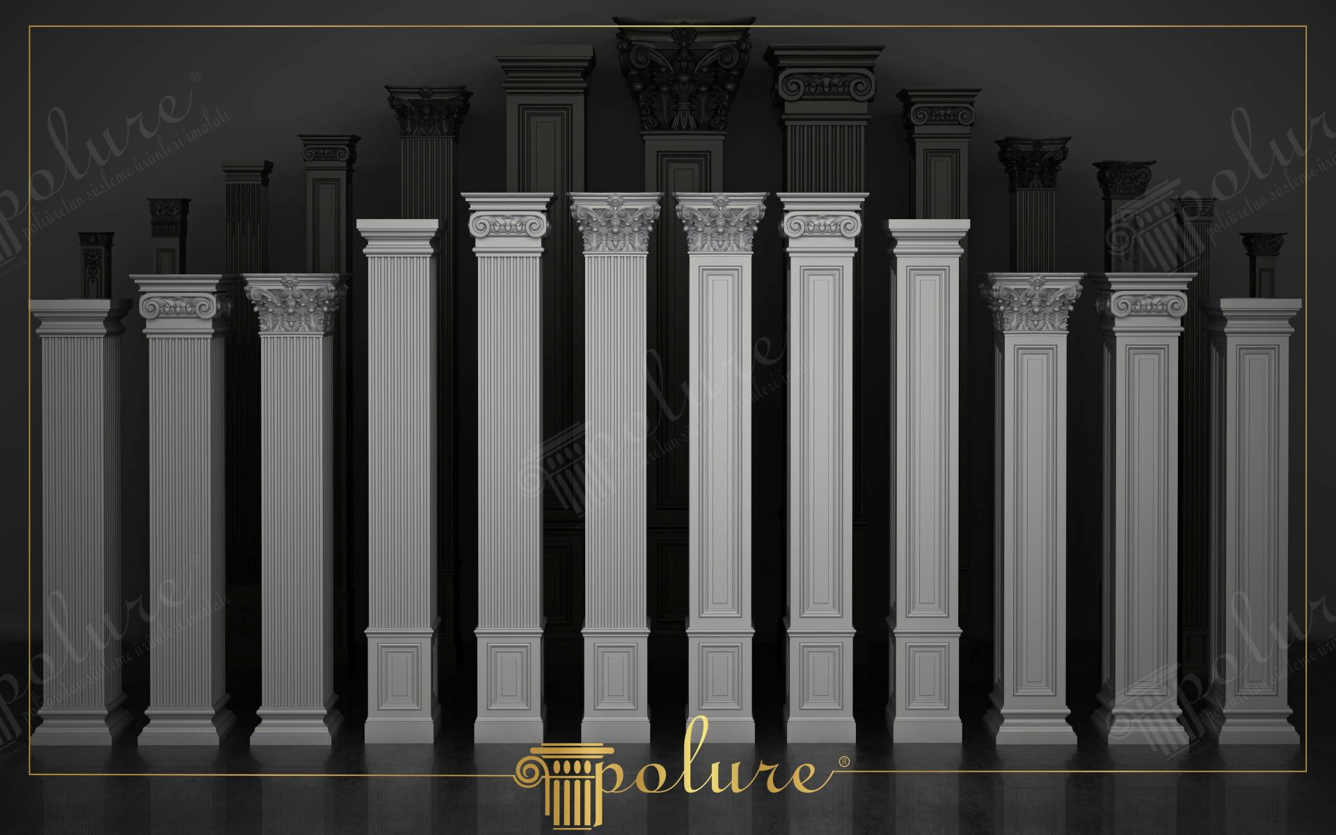 Colecție de pilatri din poliuretan cu capiteluri ionice și corintice pentru amenajări interioare și fațade.