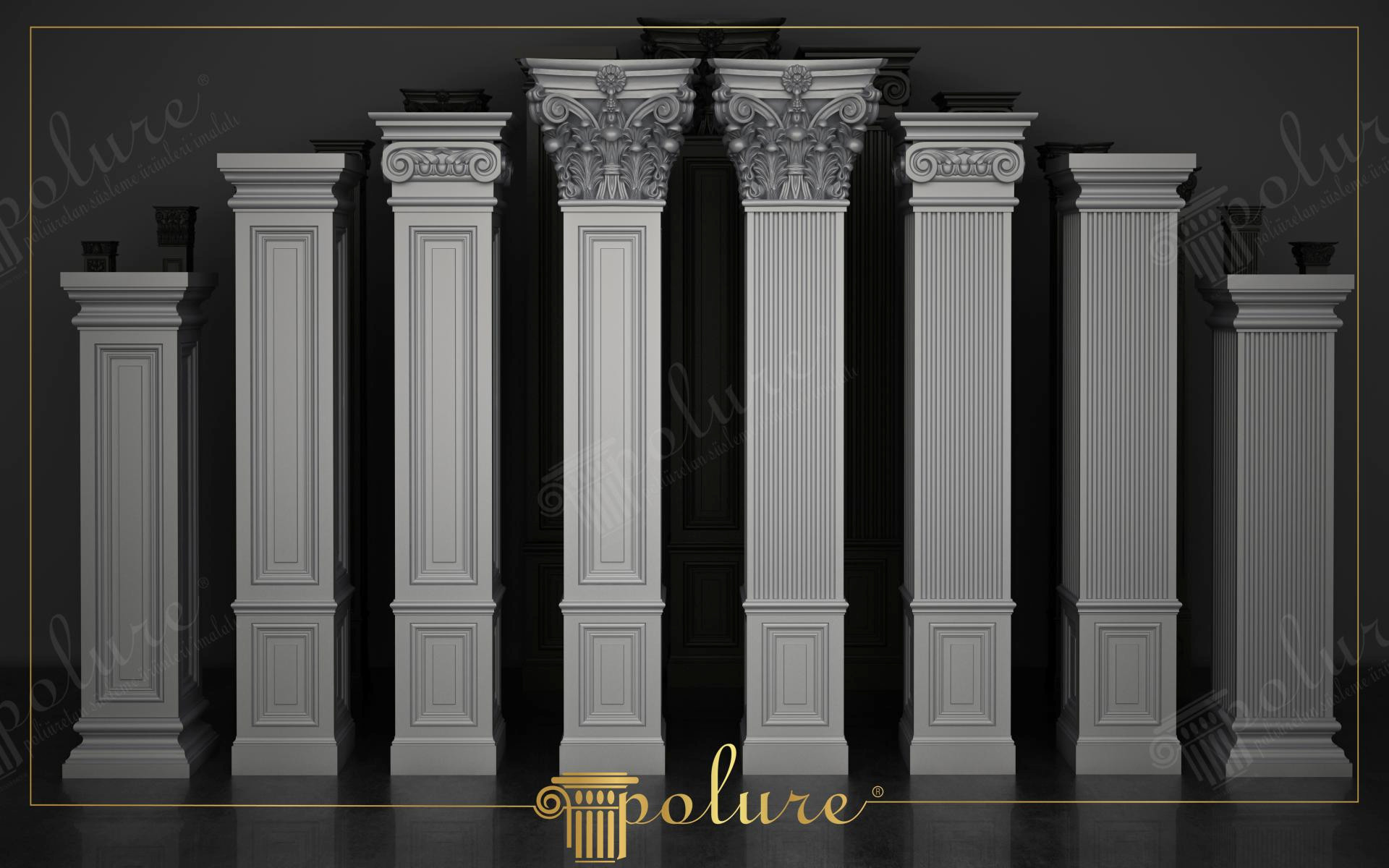 Pilastri din poliuretan cu capituluri corintice și ionice pe fundal închis pentru decorarea fațadelor clasice.