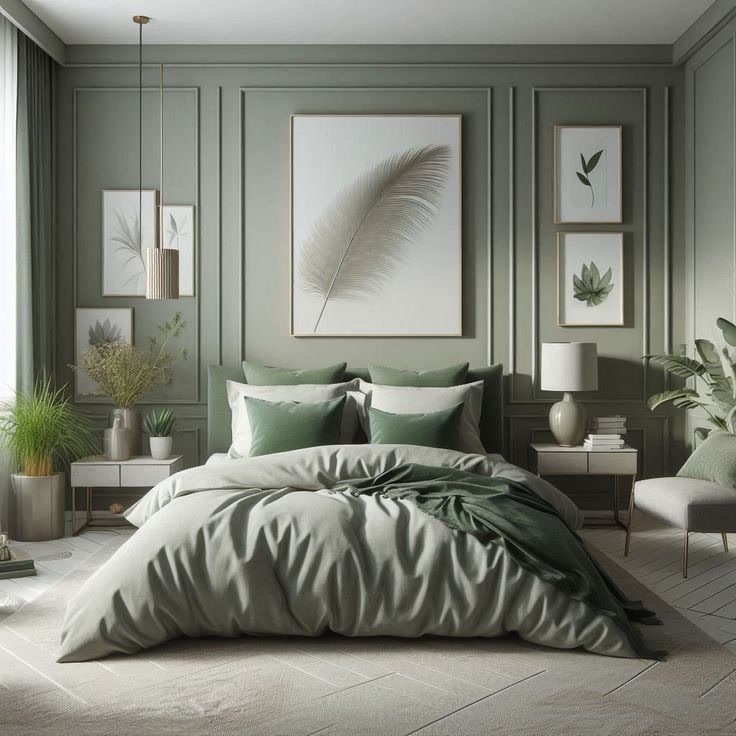 Perete decorat cu profiluri din poliuretan în dormitor verde modern cu tăblie și tabouri decorative