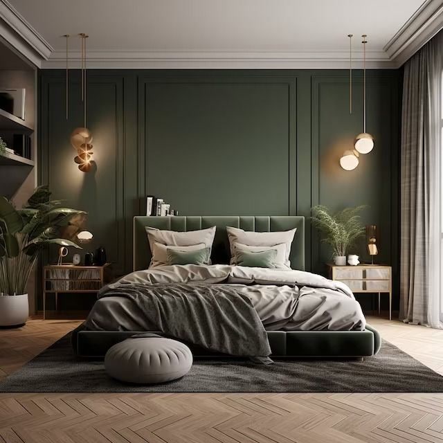 Dormitor modern cu perete verde decorat cu profile din poliuretan, benzi decorative și iluminat suspendat cald.