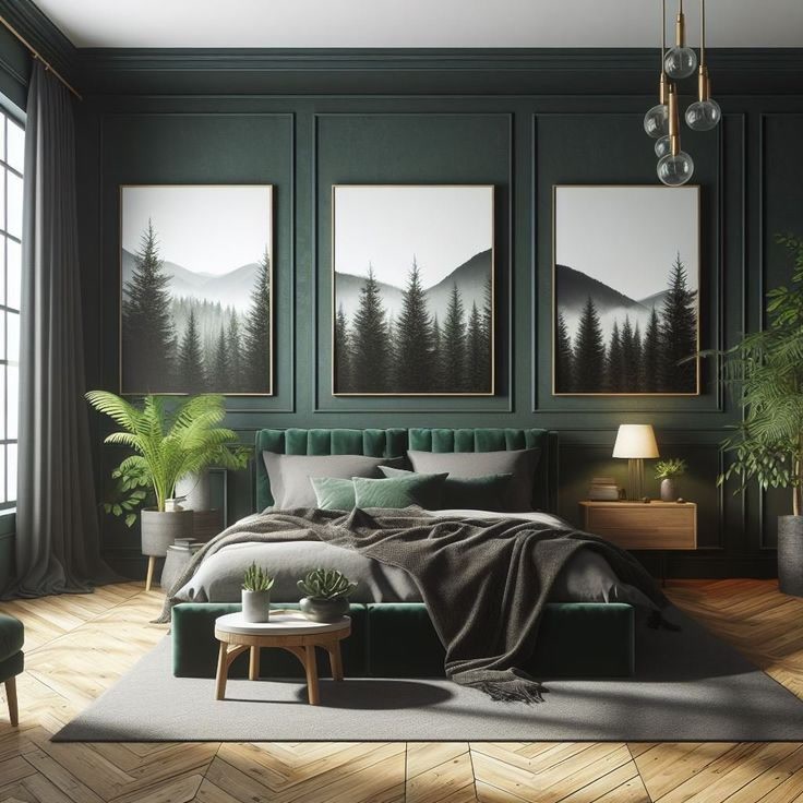 Dormitor modern verde închis cu ancadramente din poliuretan pe perete, cornișe decorative și iluminat ambiental.