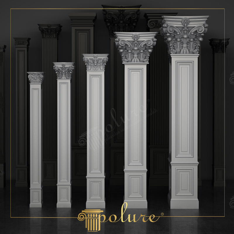 Serii de pilatri din poliuretan alb pe fond închis cu capiteluri corintice și caneluri geometrice decorative.