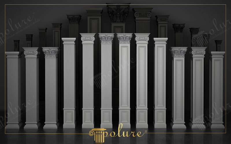 Colecție de pilatri din poliuretan cu capiteluri ionice și corintice pentru amenajări interioare și fațade.
