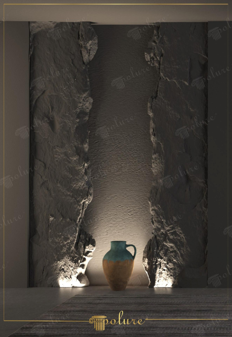 Perete decorativ cu nișă iluminată și panouri din poliuretan cu aspect de stâncă P3004 și vază din ceramică
