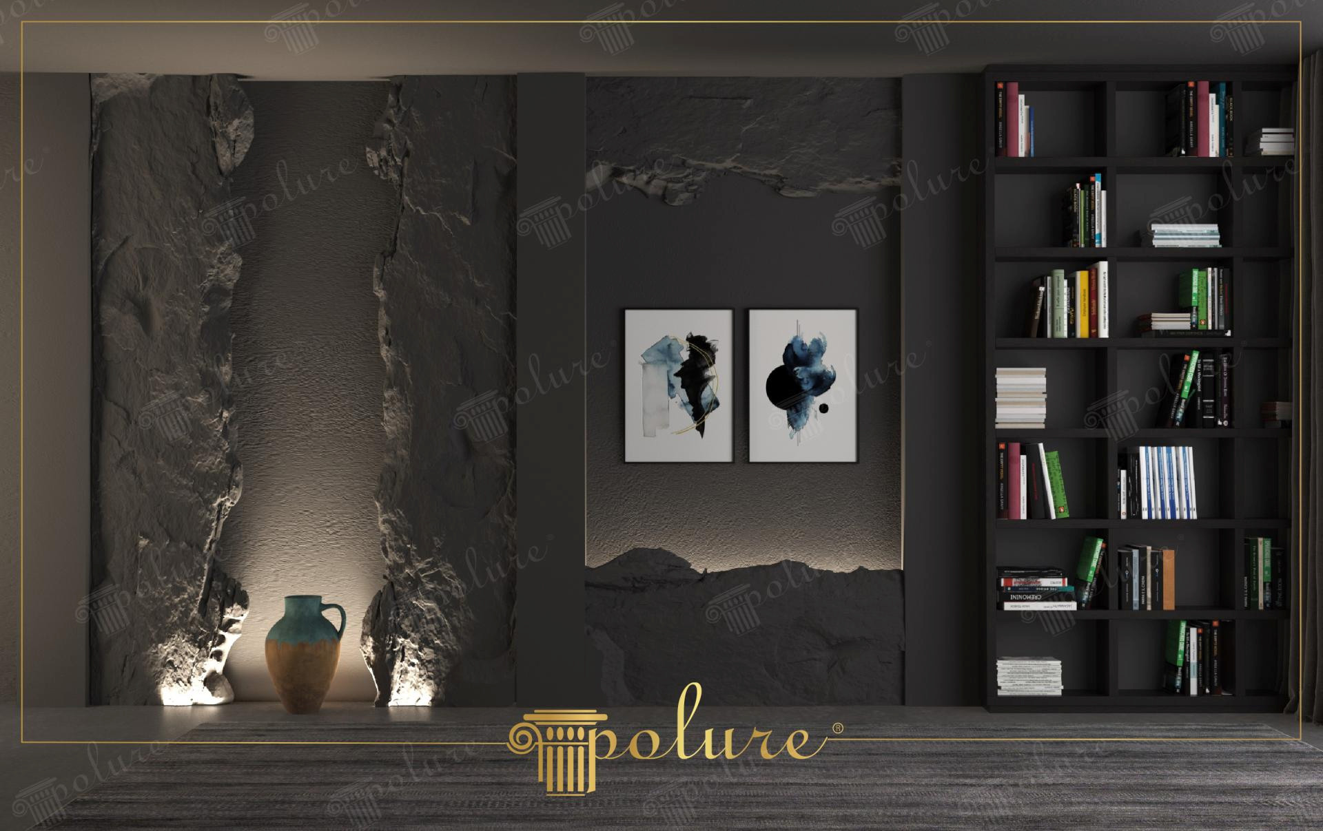 Panouri decorative din poliuretan cu textură de piatră brută antracit și iluminare la bază în living