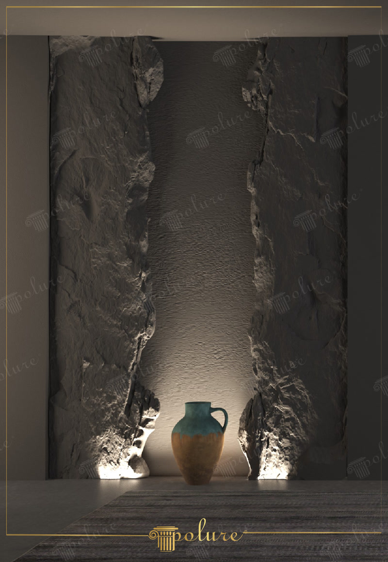 Perete decorativ cu nișă iluminată și panouri din poliuretan cu aspect de stâncă P3004 și vază din ceramică