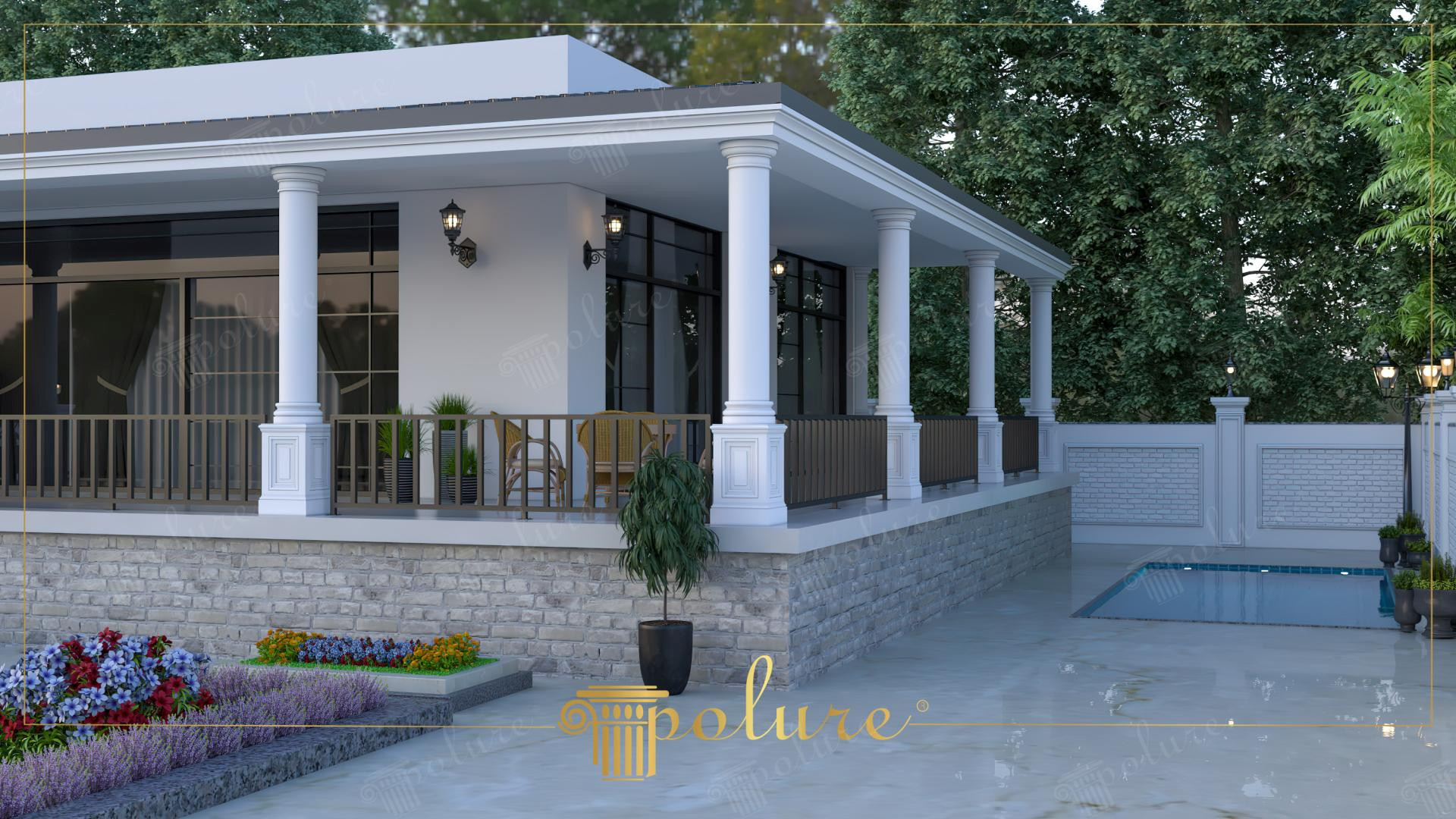 Fațadă de vilă modernă cu coloane albe din poliuretan, terasă acoperită și zonă de piscină.