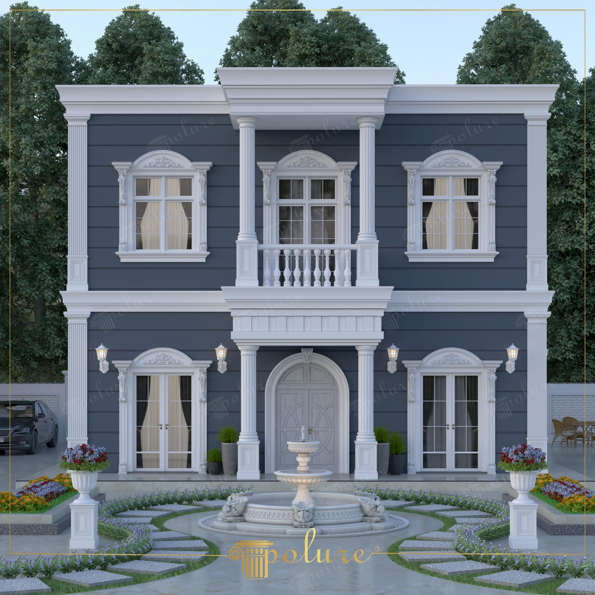 Fațadă de vilă neoclasică gri antracit cu pilastri albi, ancadramente decorative din poliuretan și balcon cu balustradă.