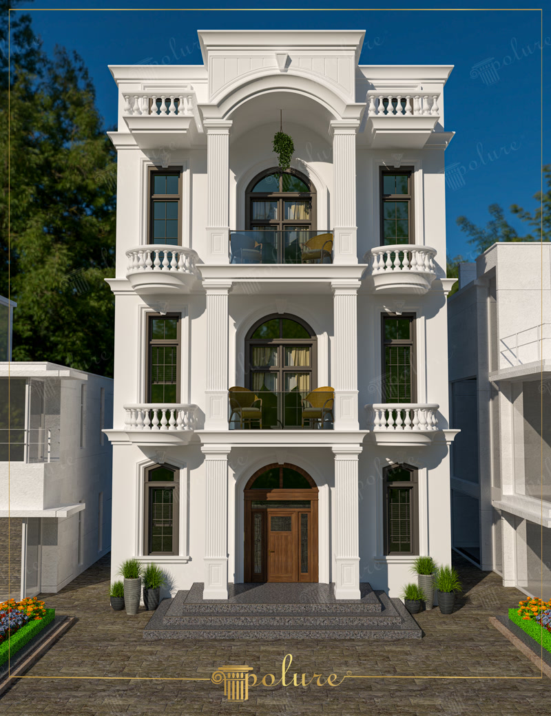 Fațadă albă de vilă pe trei niveluri cu pilatri, ancadramente decorative din poliuretan și balustrade balustru neoclasice.