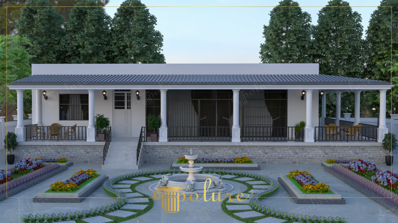 Fațadă modernă de vilă albă cu coloane din poliuretan, verandă spațioasă și amenajare peisagistică simetrică.