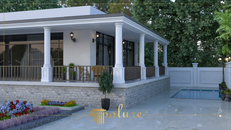 Fațadă de vilă modernă cu coloane albe din poliuretan, terasă acoperită și zonă de piscină.