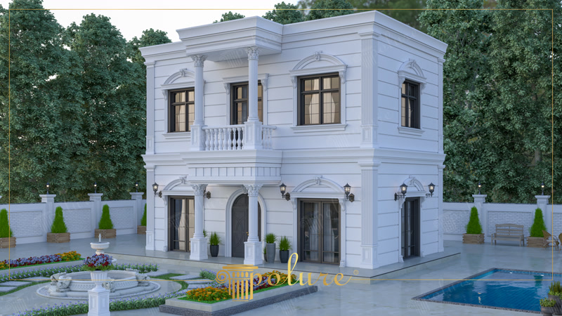 Fațadă albă de vilă neoclasică cu coloane decorative, ancadramente de fereastră și panouri din poliuretan.