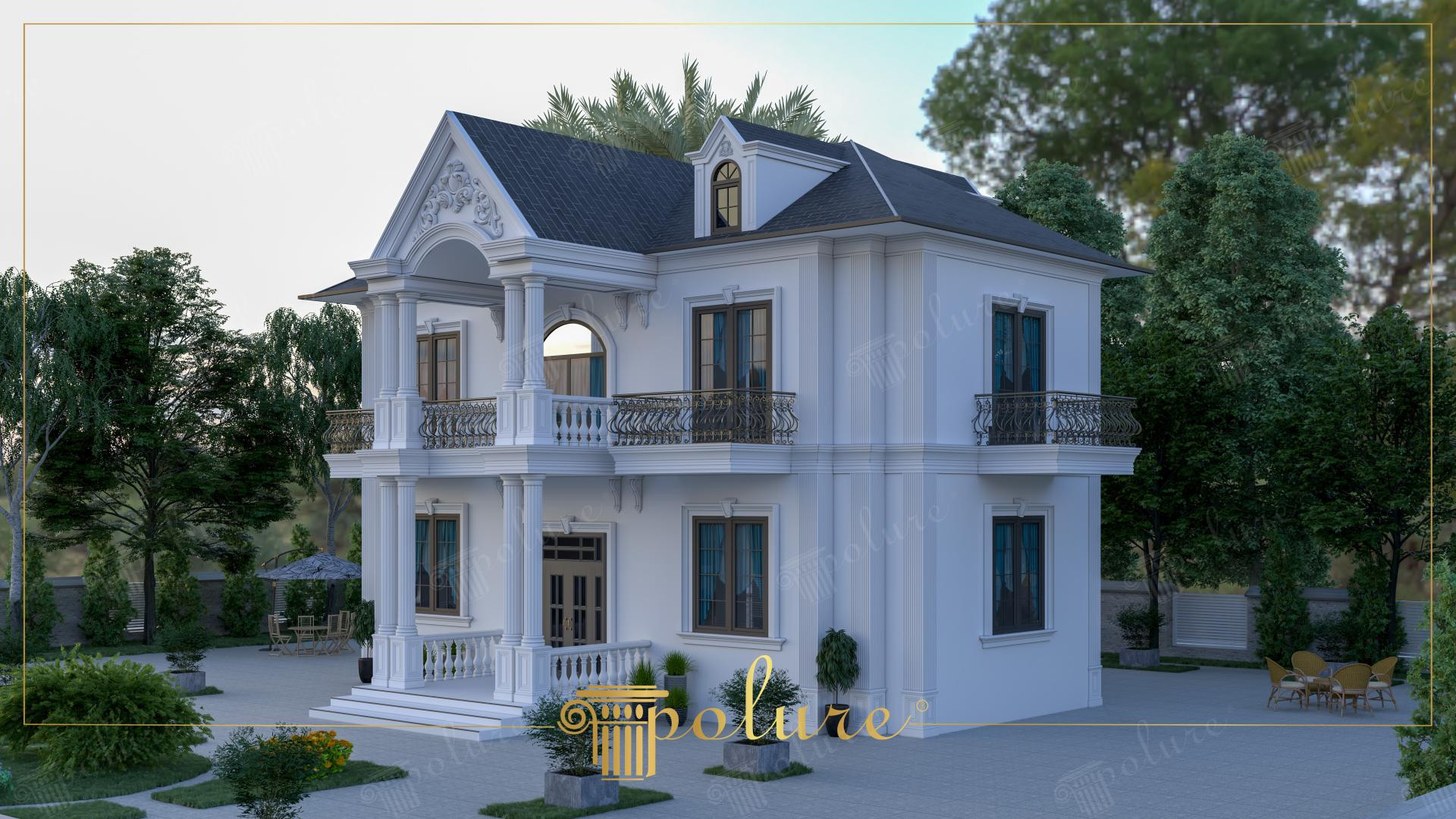 Fațadă albă de vilă neoclasică decorată cu coloane, pilaștri și frontoane din poliuretan rezistent la exterior.