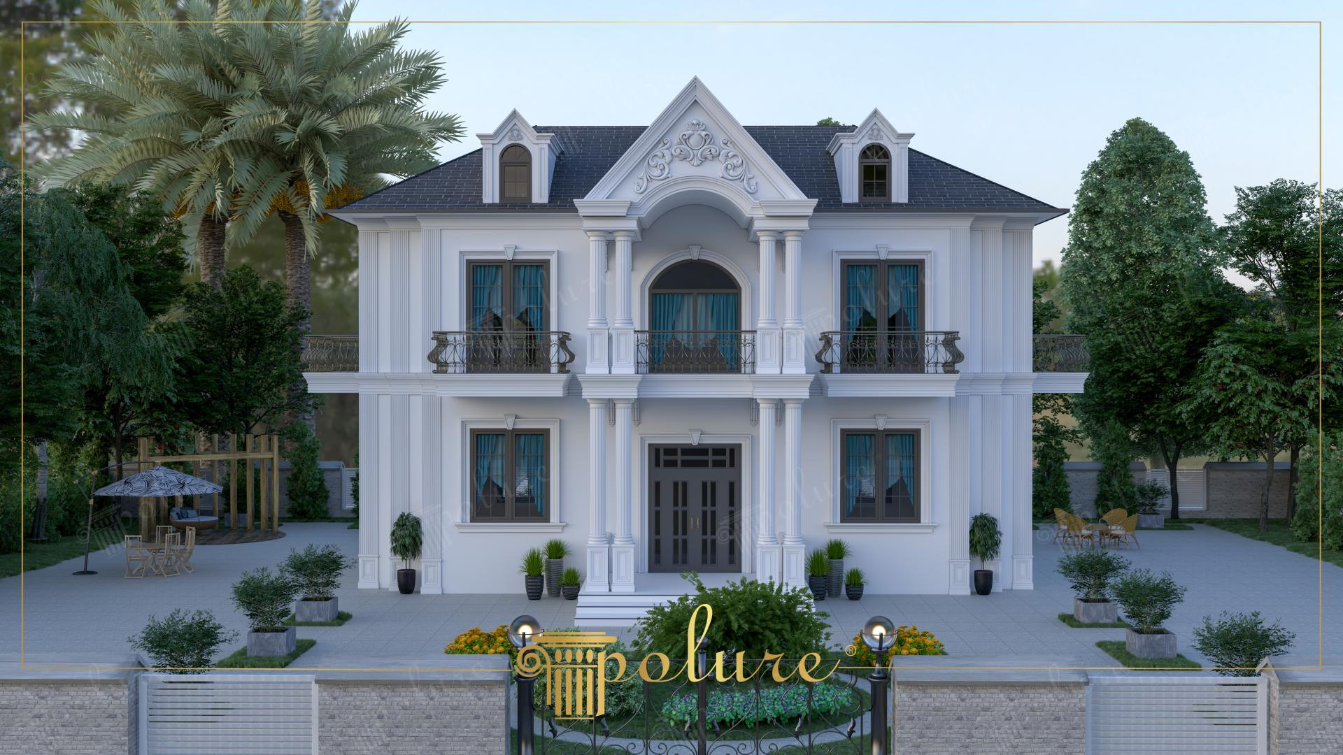 Fațadă albă de vilă neoclasică decorată cu coloane, ancadramente de ferestre și frontoane din poliuretan.
