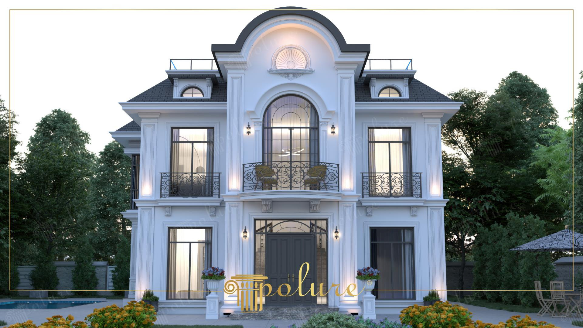 Fațadă albă de vilă neoclasică decorată cu pilaștri din poliuretan, ancadramente de fereastră și balcon cu balustradă.