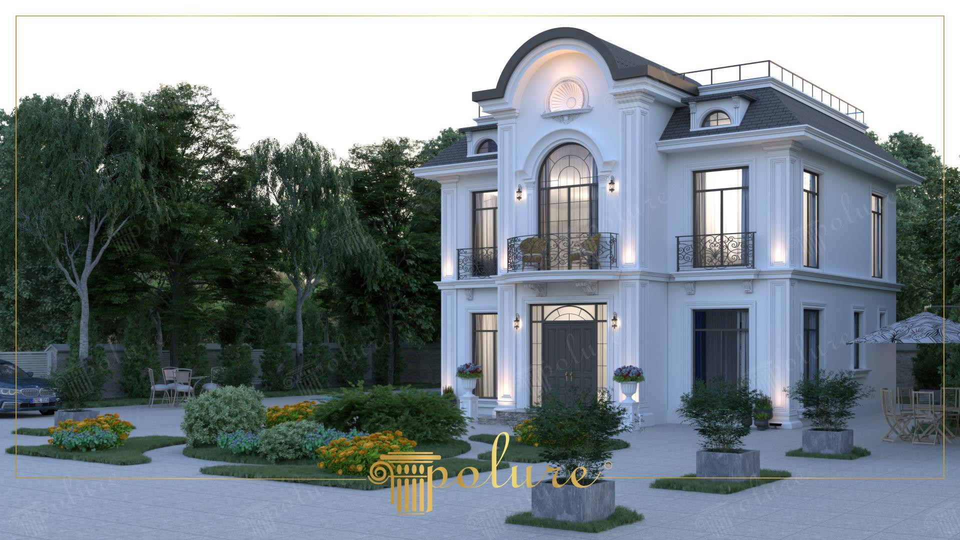Fațadă de vilă neoclasică cu pilatri albi, ancadramente ferestre și fronton ornamental din poliuretan.