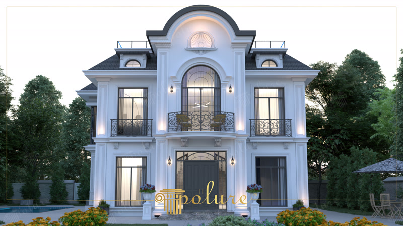 Fațadă albă de vilă neoclasică decorată cu pilaștri din poliuretan, ancadramente de fereastră și balcon cu balustradă.