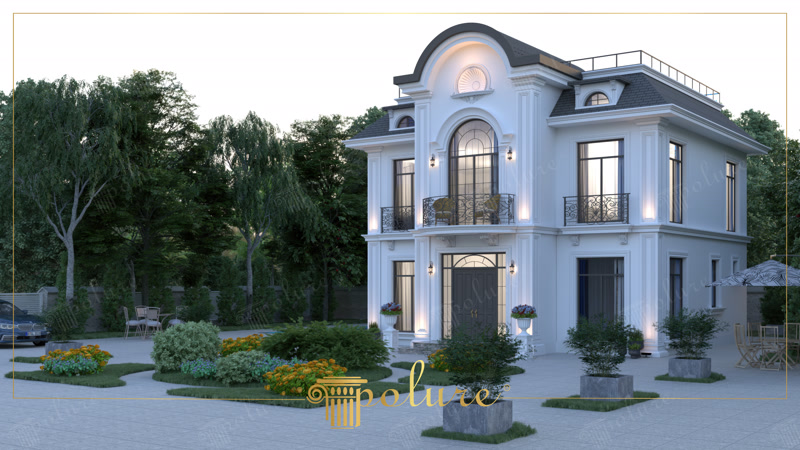Fațadă de vilă neoclasică cu pilatri albi, ancadramente ferestre și fronton ornamental din poliuretan.